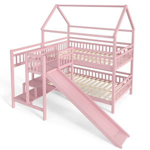 English Elm Full Bunk Bed with Trundle Bookshelf Storage Pine Frame Car Design for Kids Pink W1580S00304