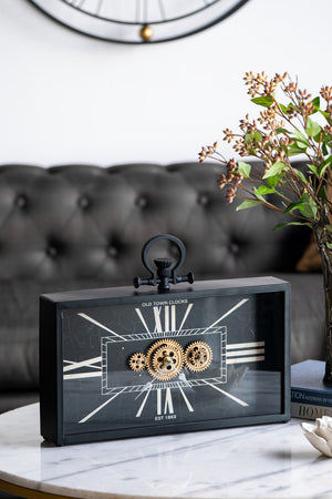 English Elm 17.5x3x13" Vintage Black & Gold Gear Table Clock with Silent Glass Casing, Roman Numerals, Steampunk Charm W2078P373015