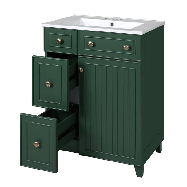 English Elm 24" Forest Green Bathroom Vanity Cabinet with Ceramic Sink, Soft-Close Door, 2 Drawers, Open-Back Access for Easy Plumbing and Durable Solid-Wood Frame N729P264336G