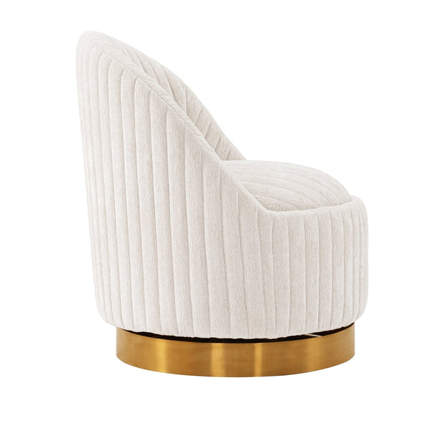 English Elm Leela Plush Chenille Swivel Lounge Chair with Brushed Gold Base, Ribbed Stitching, 440lb Capacity Cream B365P397955