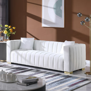 English Elm A Modern Channel Sofa - Elegant 3-Seater Chesterfield Style In White Velvet For Timeless Living Spaces W1099S00081