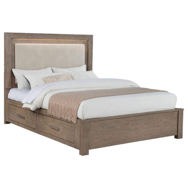 English Elm Gibbons Queen Storage Bed with Led Headboard and Four Drawers in Warm Oak Veneer B062S01577