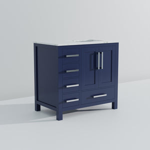 English Elm Navy Blue Bath Vanity With Carrara Marble Top, Right Offset Sink, Soft-Close Drawers & Storage B2731P258857