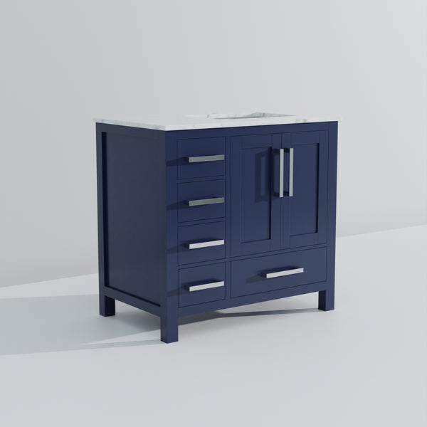 English Elm Navy Blue Bath Vanity With Carrara Marble Top, Right Offset Sink, Soft-Close Drawers & Storage B2731P258857