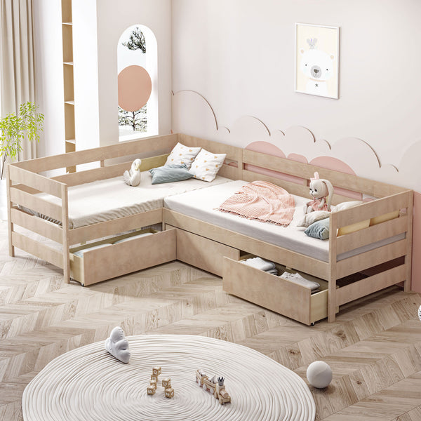 English Elm Twin L-Shaped Platform Bed with Three Spacious Drawers, Solid Pine & MDF, Clean-Lined Design Natural N7090000468N