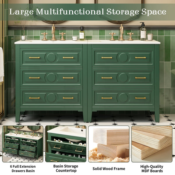 English Elm 60'' Freestanding Bathroom Vanity With Ceramic Sink, Charming Green Finish & Ample Storage Space N710SS00003F