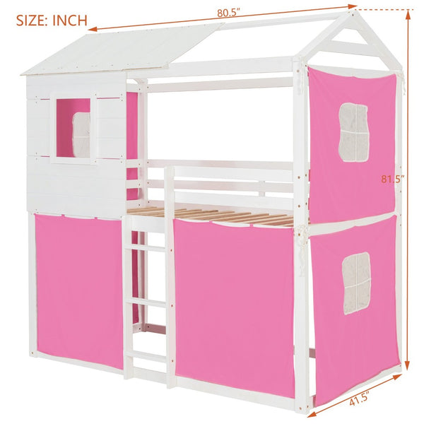 English Elm Twin Treehouse Bunk Bed Solid Pine Playhouse Frame with Cozy Canvas Tent Hideaway LT000379AAH-1