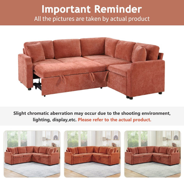 English Elm Sectional Sofa Bed - Stylish L-Shaped 81.9" Sleeper Sofa With Hidden Storage & Cozy Orange Chenille N719S002070G-GIGA