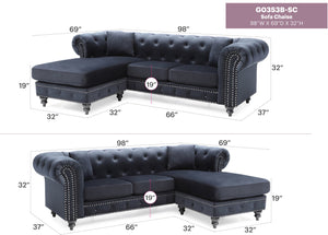 English Elm Nola Velvet Tufted Sofa Chaise with Nailhead Trim, Pocketed Coil Cushions and Turned Wood Legs Black 14 L x 27 W x 72 H B078S00010