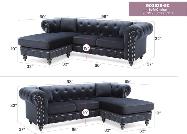 English Elm Nola Velvet Tufted Sofa Chaise with Nailhead Trim, Pocketed Coil Cushions and Turned Wood Legs Black 14 L x 27 W x 72 H B078S00010