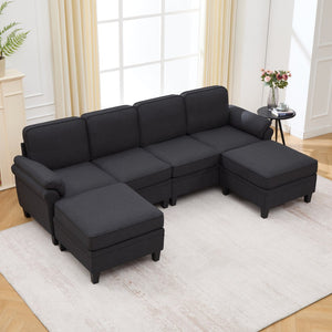 English Elm 102 Inch Linen Modular Sectional Sofa with Hidden Storage and Cloud Cushion Comfort Black W1099S00211