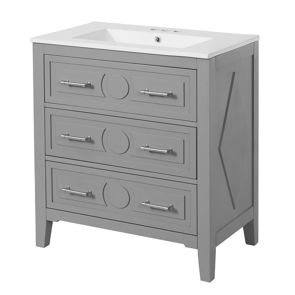 English Elm 60'' Freestanding Bathroom Vanity Set With Ceramic Sink, Gray Wood Frame & 3 Soft-Close Drawers N710SS00003E