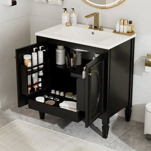 English Elm Christopher Knight Home® - 30" Bathroom Vanity with Sink Vintage Freestanding Ceramic Top Soft-Close Doors Gold Knobs, Storage Black N759P226000B