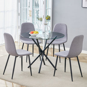 English Elm Table Set With Modern Transparent Glass Top & 4 Light Gray Linen Dining Chairs For Stylish Spaces W1151S03669-GIGA