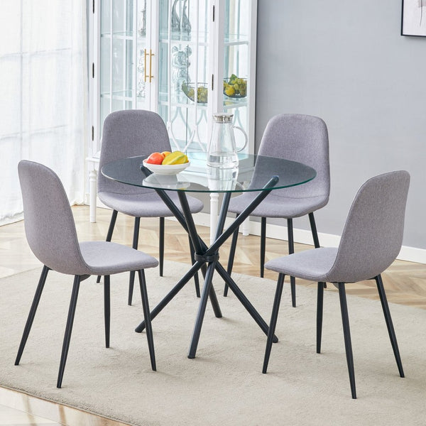 English Elm Table Set With Modern Transparent Glass Top & 4 Light Gray Linen Dining Chairs For Stylish Spaces W1151S03669-GIGA
