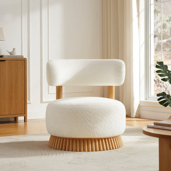 English Elm Modern Boucle Armless Accent Chair Thatched Wood Base Cozy Reading Seat for Any Room Beige N760P369286A