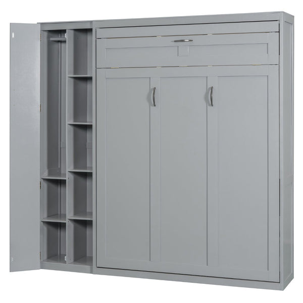 English Elm Full Size Murphy Bed with Open Shelving Wardrobe and Led Lighting for Studio Spaces Gray LP000898AAE