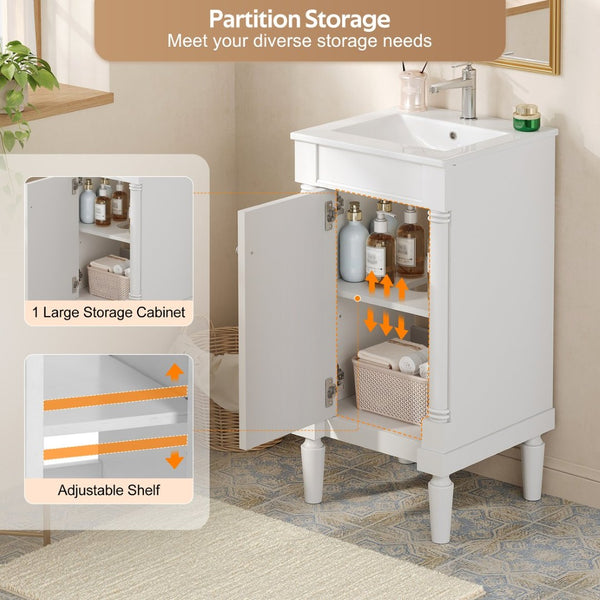English Elm 18" French Style Vanity with Ceramic Sink Soft Close Door and Adjustable Shelf White N710P415332K