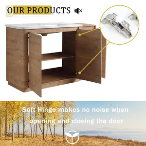 English Elm 52'' Freestanding Bathroom Vanity Oak Finish Ceramic Sink Soft Close Storage Cabinet W999S00513