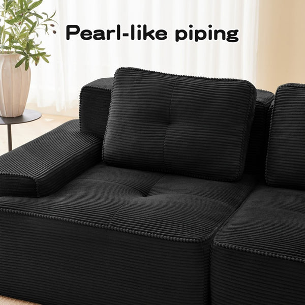 English Elm Modern Corduroy Sectional Sofa Deep Seat V Shape Tufted Couch with Movable Ottoman Black W714S01585
