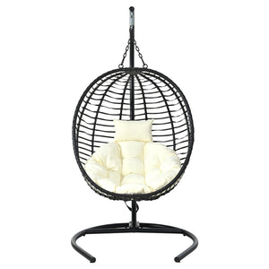 English Elm U_style Wicker Hanging Egg Chair with Stand Hdpe Cocoon Swing for Balcony Garden Black+Beige N711P389503A