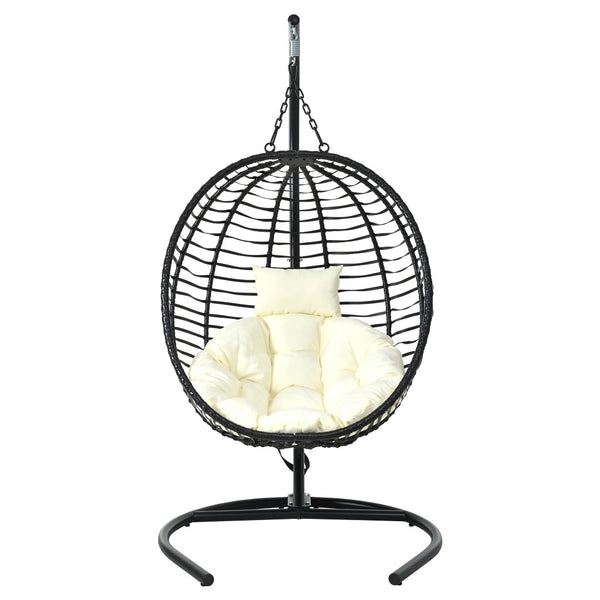 English Elm U_style Wicker Hanging Egg Chair with Stand Hdpe Cocoon Swing for Balcony Garden Black+Beige N711P389503A