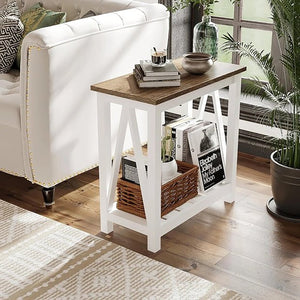 English Elm Farmhouse Narrow End Table with Storage Shelf, White & Light Oak Accent Side Table for Small Spaces T3771P357132