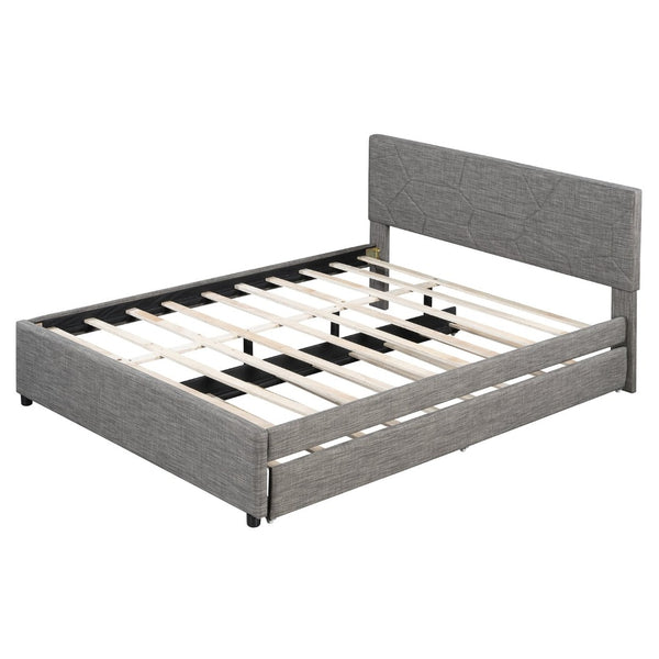 English Elm Queen Linen Upholstered Platform Bed with Brick Textured Headboard and Pull Out Trundle SF000004AAE-1