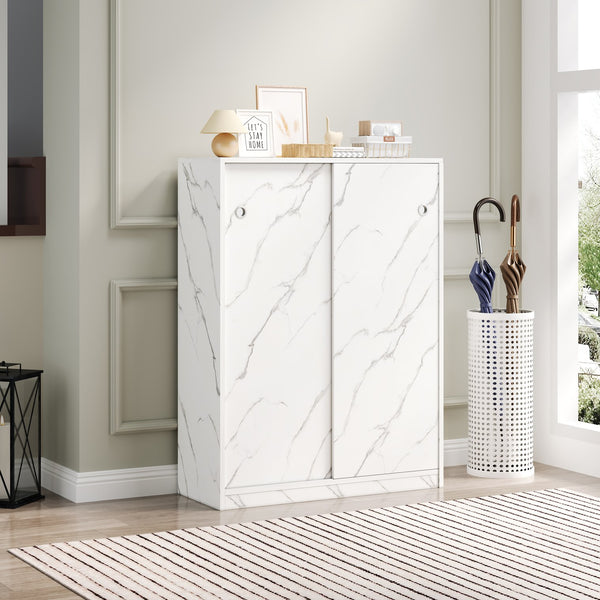 English Elm Marble 6-Tier Sliding Door Shoe Cabinet, Space-Saving Entry Storage for 30+ Pairs with Adjustable Shelves W1320P191410