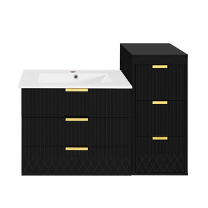 English Elm 24inch Bathroom Vanity with Sink - Wall-Mounted Floating Combo with Ceramic Basin, Modern L-Handle Design Black N710S324097B