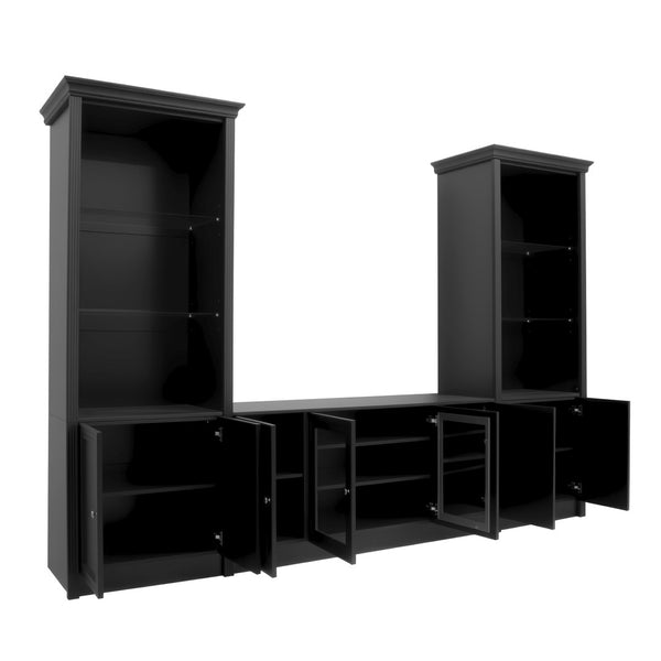 English Elm U-can Three Piece Wall Unit Built-in Media Center with Crown Molding and Tempered Glass Storage Black SJ000156AAB