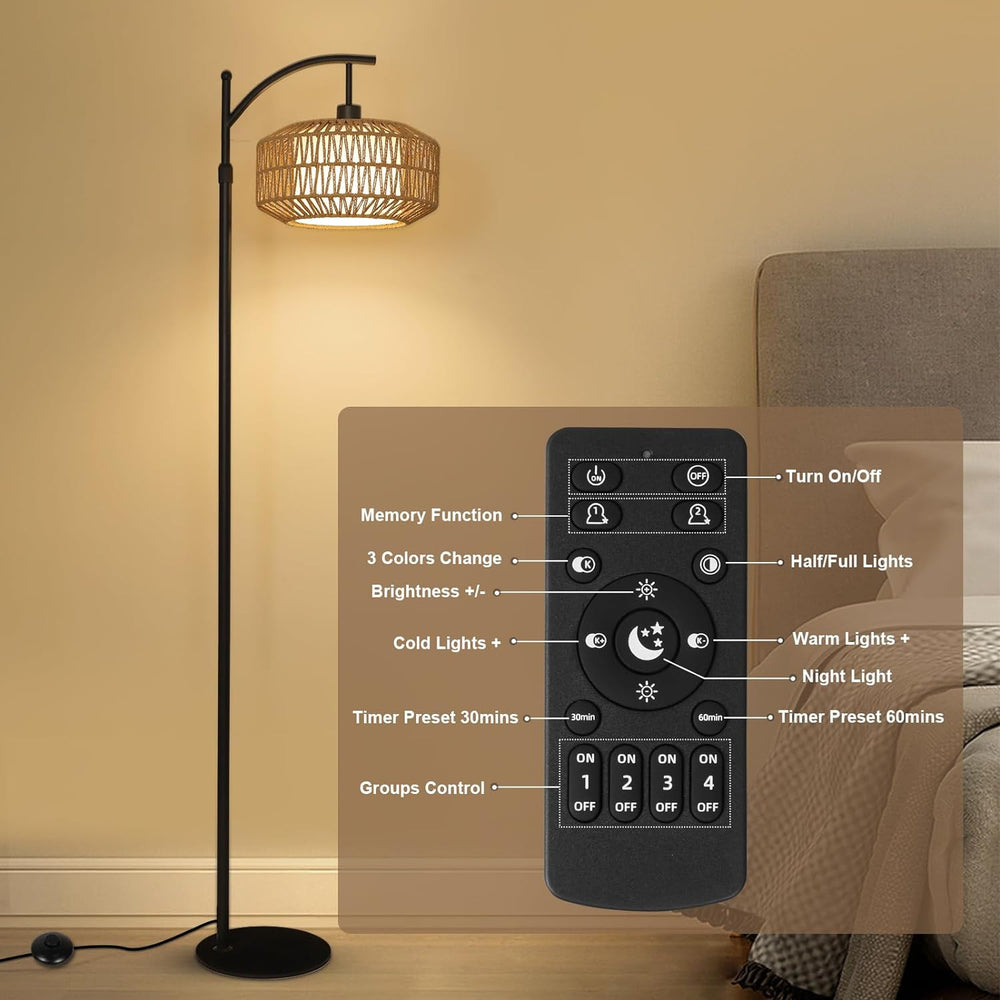 English Elm Arc Floor Lamp - Dimmable Rattan Arc Light With Remote & Led Bulb, Stylish Mid-Century Decor For Any Room W2738P185427