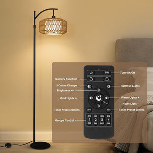 English Elm Arc Floor Lamp - Dimmable Rattan Arc Light With Remote & Led Bulb, Stylish Mid-Century Decor For Any Room W2738P185427