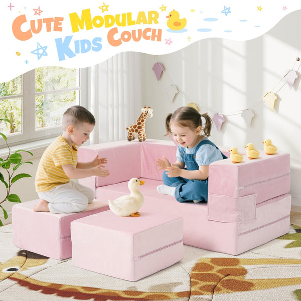 English Elm 5-piece Modular Foam Play Couch Velvet Toddler Sofa Foldable Kids Playroom Set Pink T5880P493438