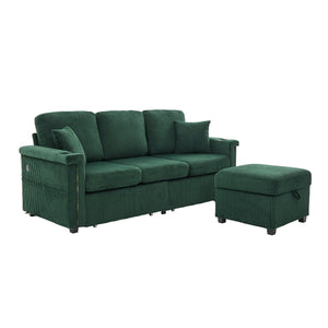 English Elm UNITED Corduroy L-Shaped Sectional Sofa with Storage Ottoman, USB Ports, Cup Holders & LED Lighting Emerald W1568P332404