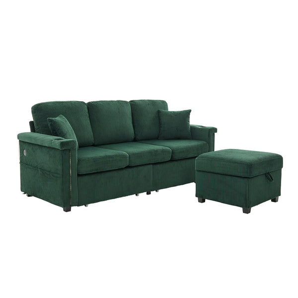 English Elm UNITED Corduroy L-Shaped Sectional Sofa with Storage Ottoman, USB Ports, Cup Holders & LED Lighting Emerald W1568P332404