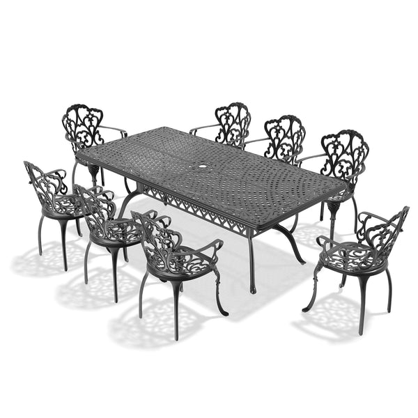 English Elm 9-Piece Cast Aluminum Patio Dining Set With Off-White Cushions, Umbrella Hole & Ergonomic Chairs W1710S00174