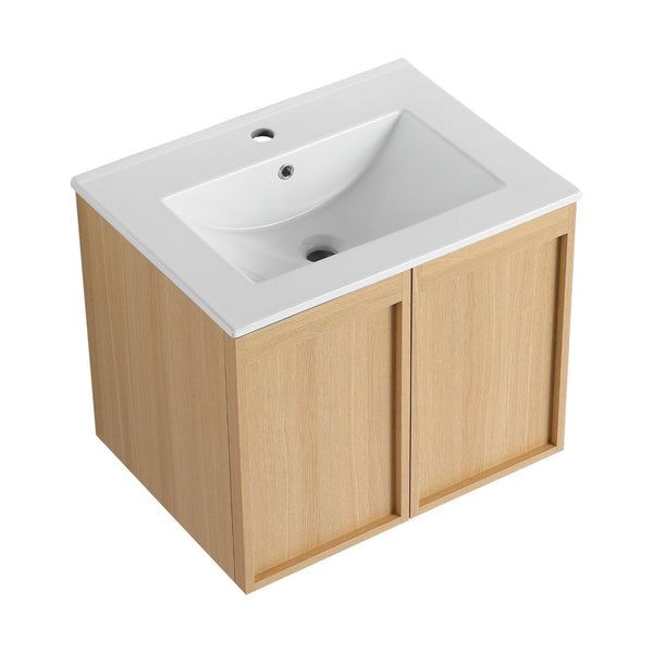 English Elm 24" Wall Mounted Bathroom Vanity Dark Oak Open Shelf Ceramic Sink Soft Close Door W3450P435843
