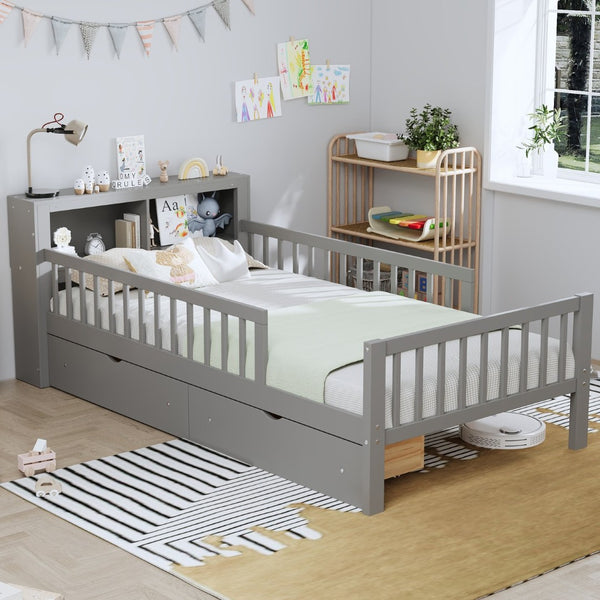 English Elm Twin Size Bed With Headboard Storage, Two Drawers & Safety Guardrails - Stylish Gray Design! N733P272374E-GIGA