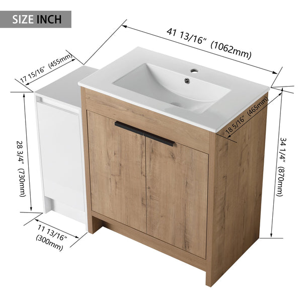 English Elm 42 Inch Freestanding Bathroom Vanity With Ceramic Sink, Soft-Close Doors & Ample Storage Solutions W999S00309