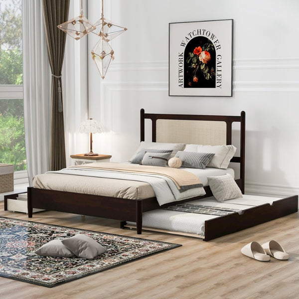 English Elm Queen Size Wooden Rattan Platform Bed With Spacious Storage Drawers & Twin Trundle In Espresso Finish N820S00002P-GIGA
