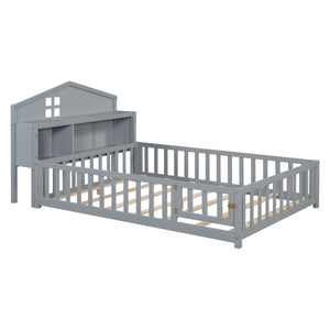 English Elm Full-size Montessori Floor Bed with Built-In Bookcase and Chalkboard, Space-Saving Solid Wood Platform for Kids Grey 56.3 L x 17.32 W x 5.31 H W1716S00013