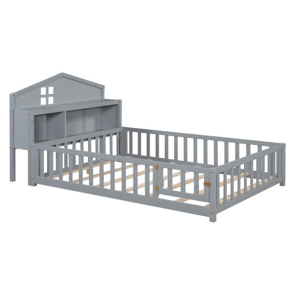 English Elm Full-size Montessori Floor Bed with Built-In Bookcase and Chalkboard, Space-Saving Solid Wood Platform for Kids Grey 56.3 L x 17.32 W x 5.31 H W1716S00013