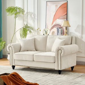 English Elm 63" Modern 2-Seater Sofa with Chenille Velvet, Rolled Arms, Nailhead Trim, Solid Wood Frame Durable Beige W3373S00020