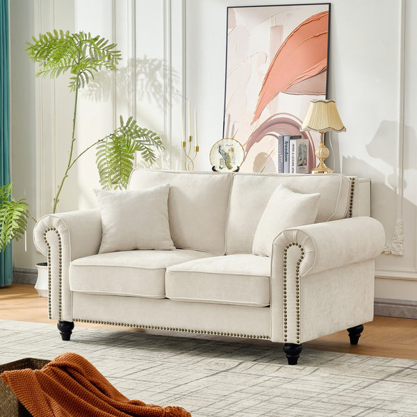 English Elm 63" Modern 2-Seater Sofa with Chenille Velvet, Rolled Arms, Nailhead Trim, Solid Wood Frame Durable Beige W3373S00020