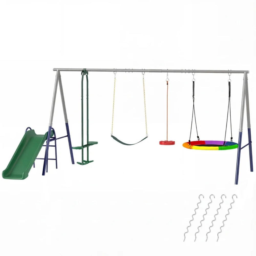 English Elm Outdoor Kids Swing Set with Slide Glider Nest Belt and Standing Swings for Seven T3971P476351