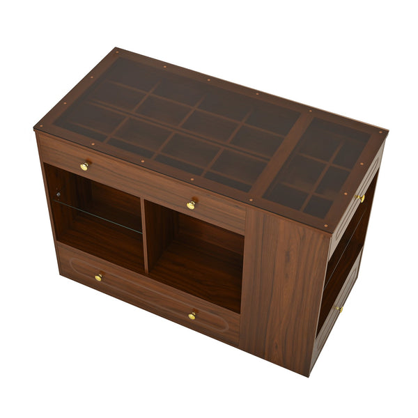 English Elm Closet Elegant walk-in island with glass display top, 6 drawers and open shelves for organized storage Walnut 39.76 L x 17.32 W x 12.2 H N733S304513D