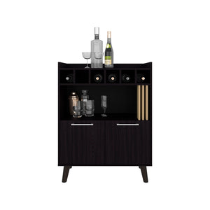 English Elm Mathiston Modern Bar Cabinet in Black & Light Oak — 6-Bottle Storage, Glass Shelves, Concealed Cupboards, Durable Engineered Wood B092P254748