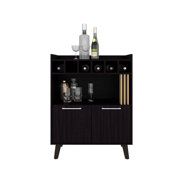 English Elm Mathiston Modern Bar Cabinet in Black & Light Oak — 6-Bottle Storage, Glass Shelves, Concealed Cupboards, Durable Engineered Wood B092P254748