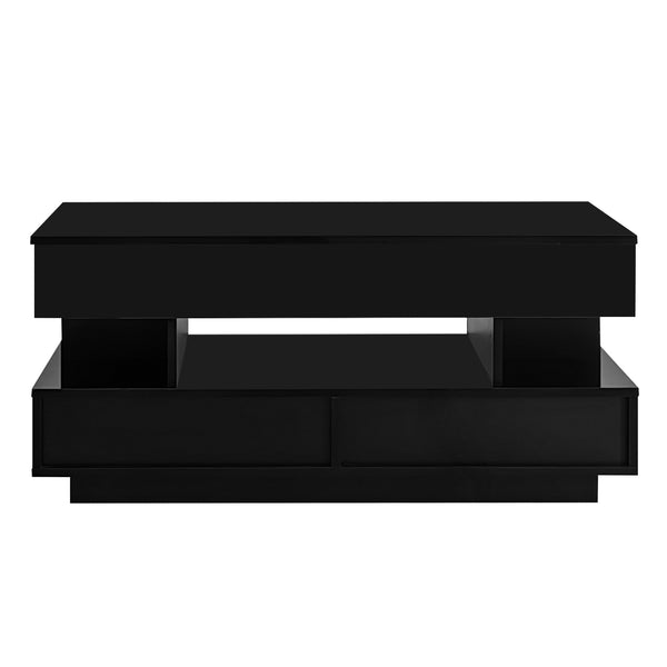 English Elm U-Can Lift-Top Coffee Table with LED Ambient Lighting, Dual Drawers and Adjustable Scalable Design Black N724P290058B